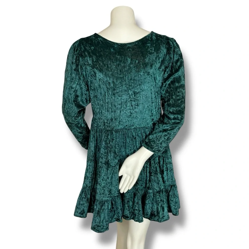 Vintage Crushed Velvet Babydoll Dress Green Christmas Girls Sz 14 Rosette Tiered